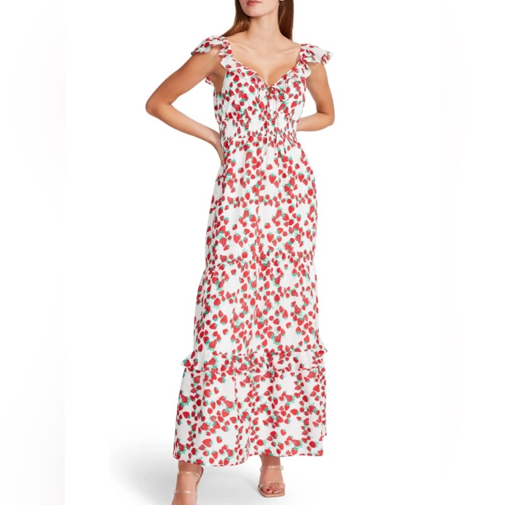 BETSEY JOHNSON STRAWBERRY-PRINT VOILE RUFFLED NECK MAXI DRESS SIZE S NWT